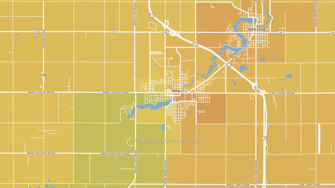 Map of the best neighborhoods in the Alma area, with better matches in green and worse matches in red