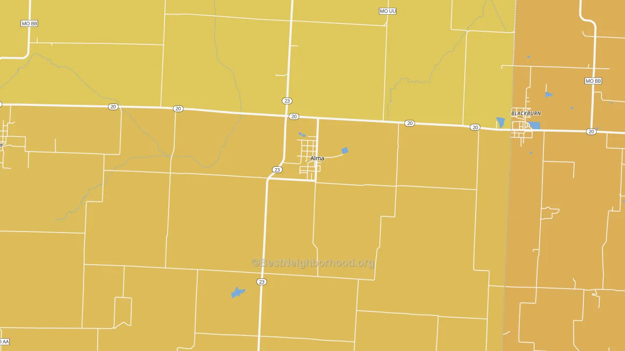 Map of the best neighborhoods in the Alma area, with better matches in green and worse matches in red