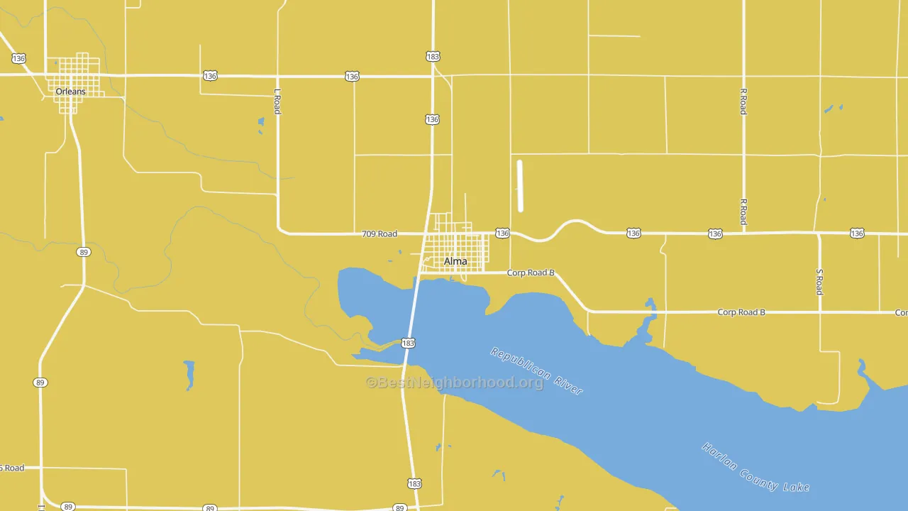 Map of the best neighborhoods in the Alma area, with better matches in green and worse matches in red