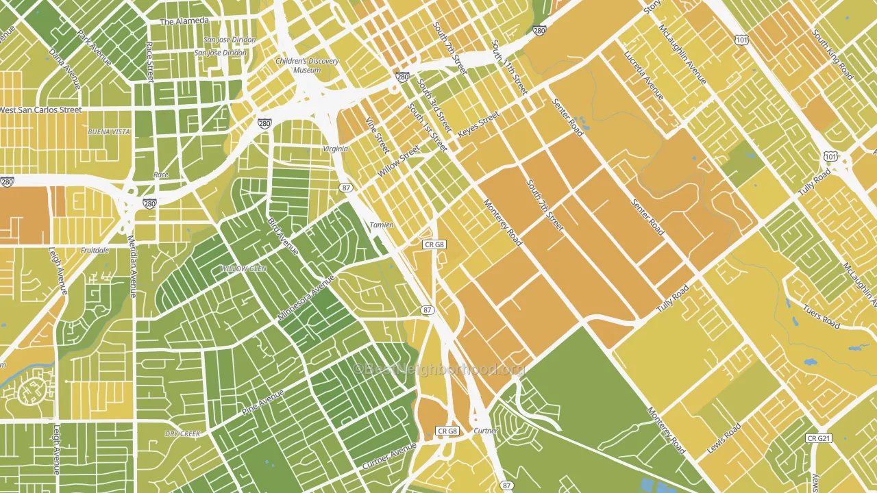 Map of the best neighborhoods in the Alma, San Jose area, with better matches in green and worse matches in red