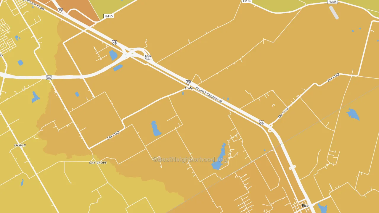Map of the best neighborhoods in the Alma area, with better matches in green and worse matches in red
