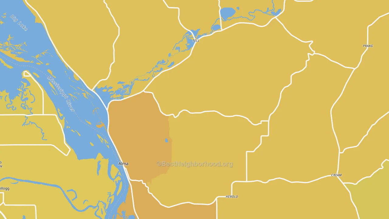 Map of the best neighborhoods in the Alma area, with better matches in green and worse matches in red