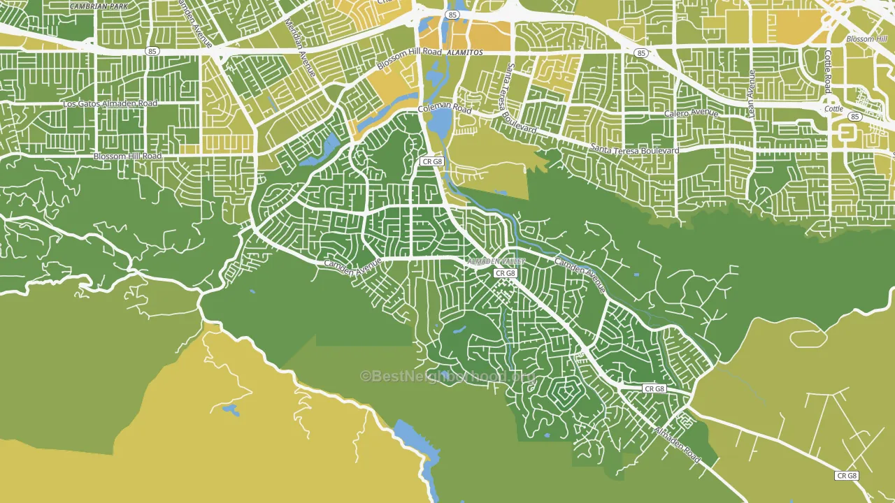 Map of the best neighborhoods in the Almaden Valley, San Jose area, with better matches in green and worse matches in red