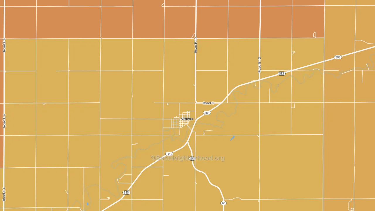 Map of the best neighborhoods in the Almena area, with better matches in green and worse matches in red