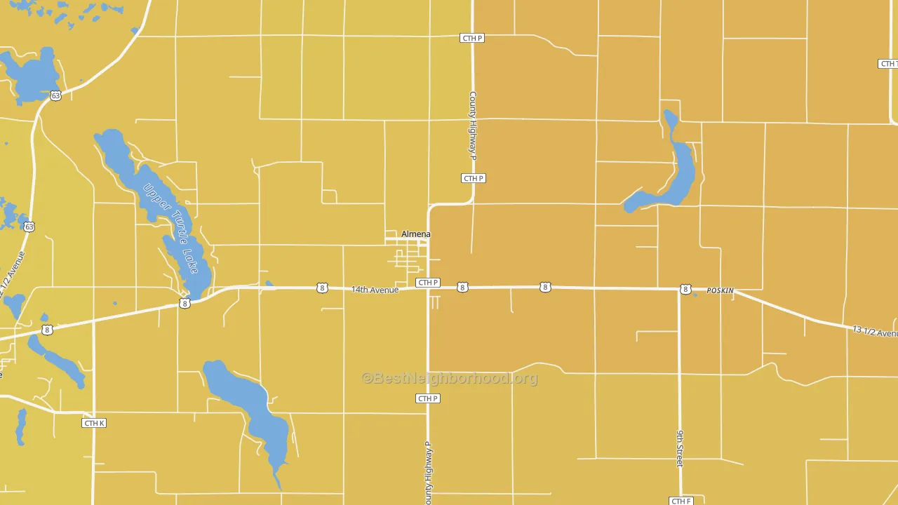 Map of the best neighborhoods in the Almena area, with better matches in green and worse matches in red