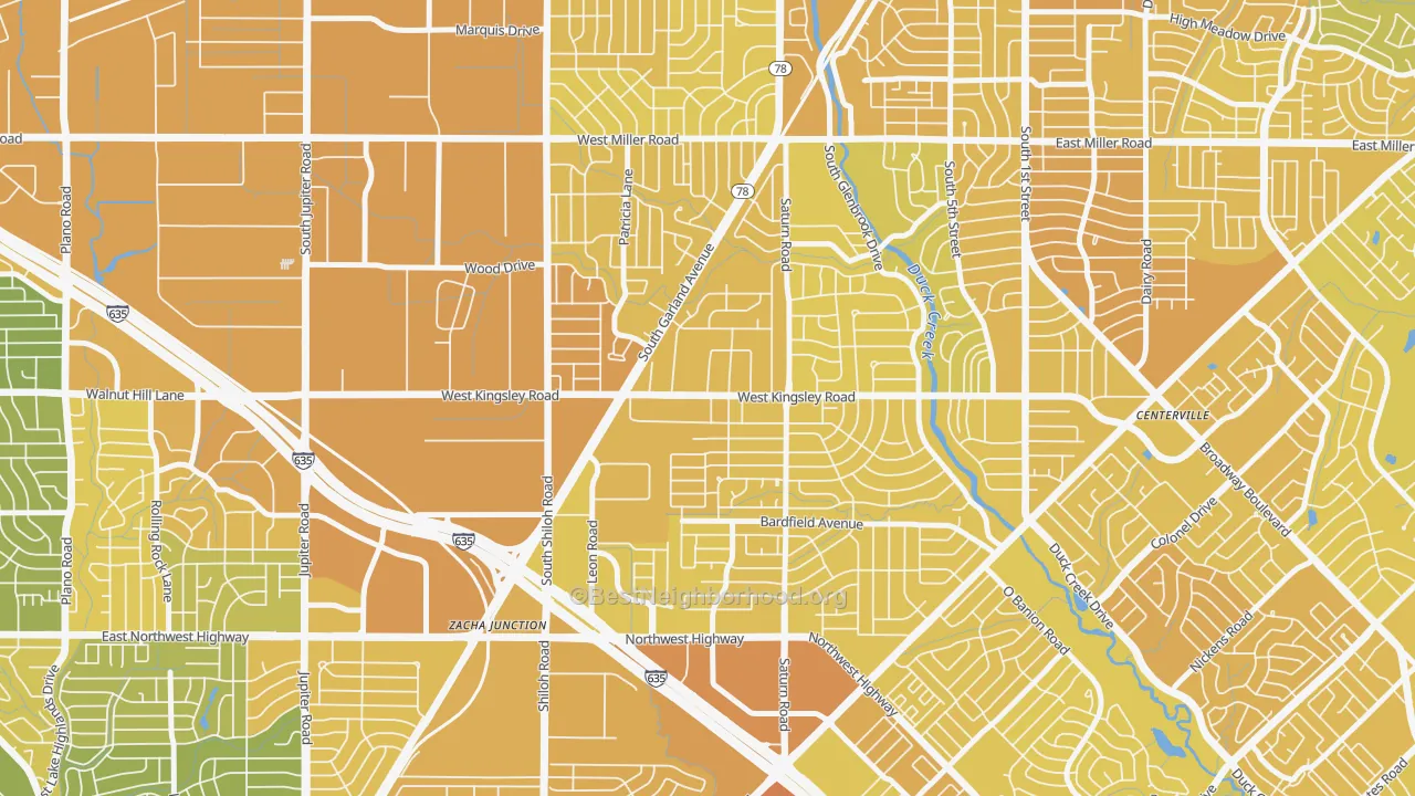 Map of the best neighborhoods in the Almeta-Bonita-Bella Vista, Garland area, with better matches in green and worse matches in red
