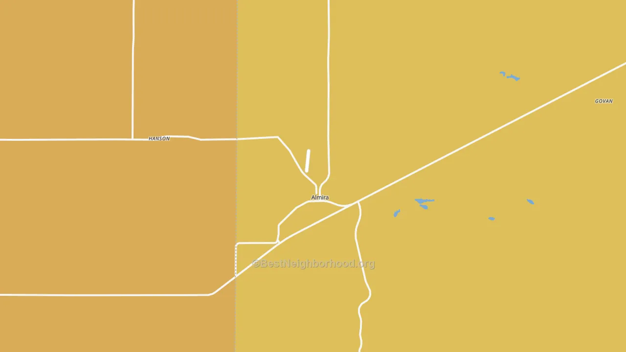 Map of the best neighborhoods in the Almira area, with better matches in green and worse matches in red