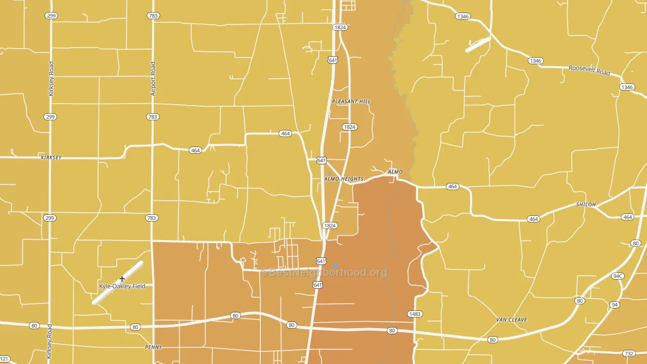 Map of the best neighborhoods in the Almo area, with better matches in green and worse matches in red