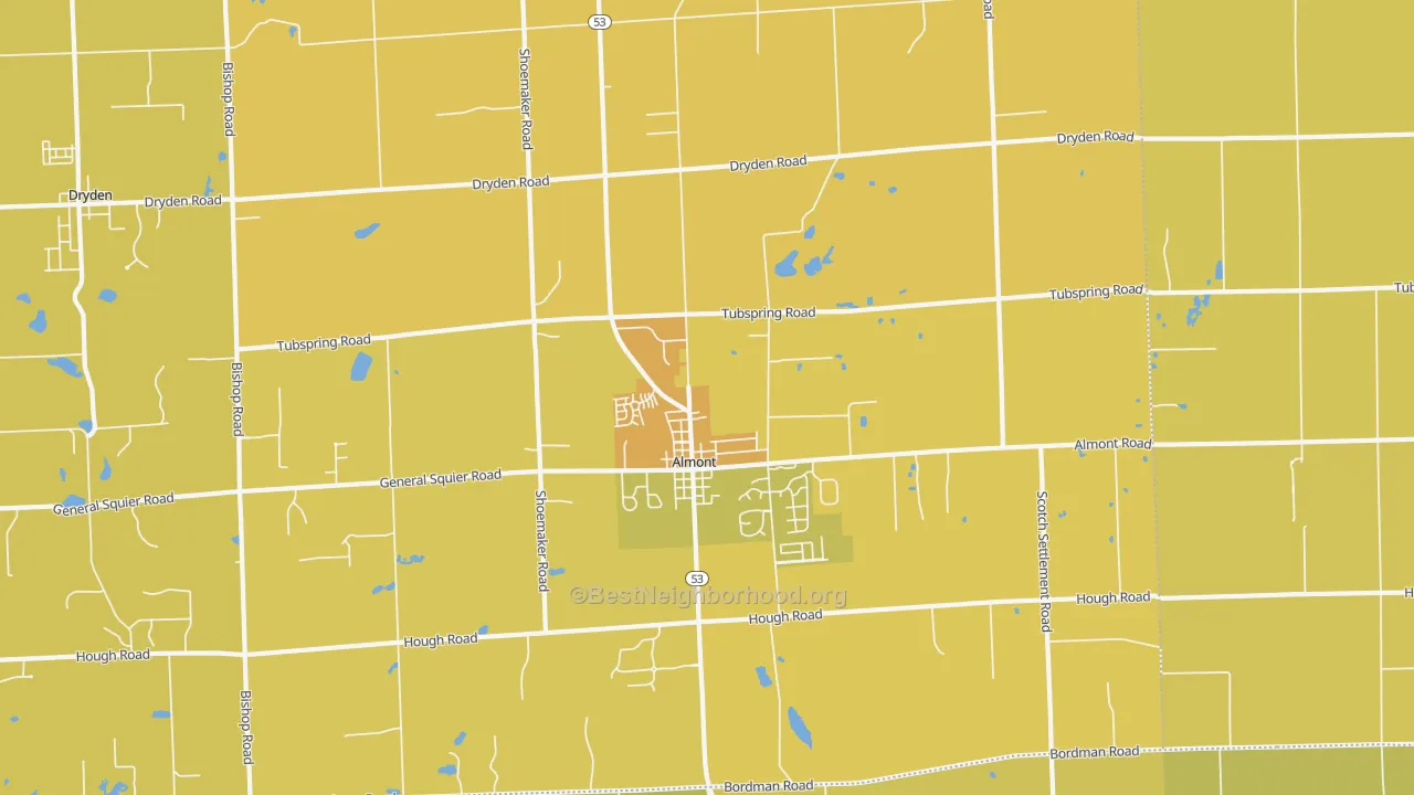 Map of the best neighborhoods in the Almont area, with better matches in green and worse matches in red