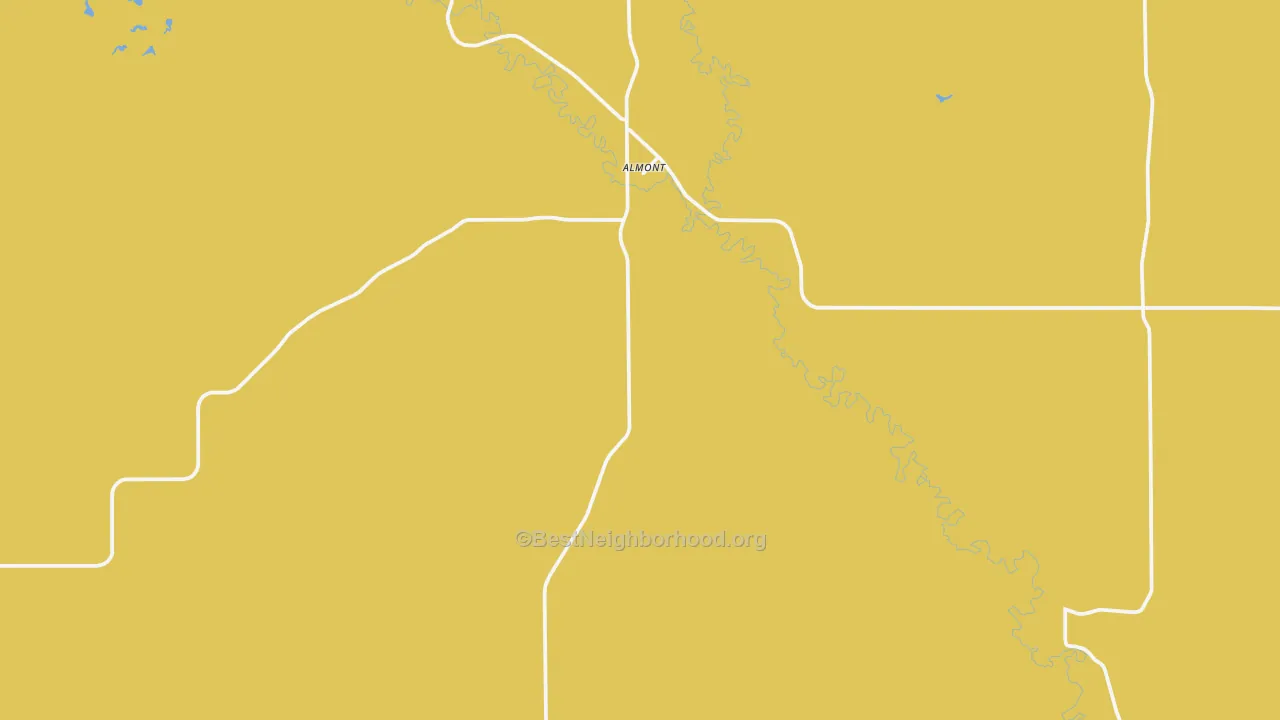 Map of the best neighborhoods in the Almont area, with better matches in green and worse matches in red