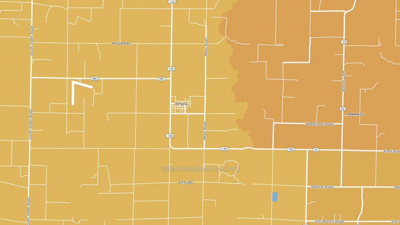 Map of the best neighborhoods in the Almyra area, with better matches in green and worse matches in red