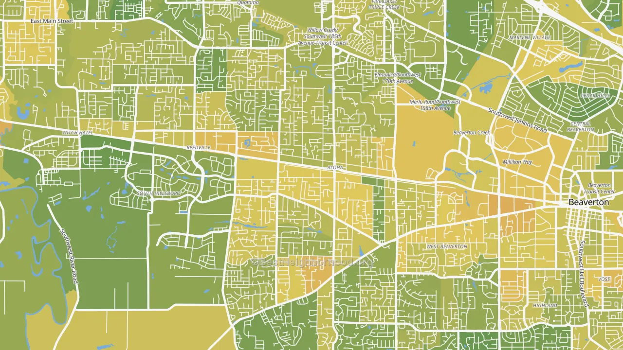 Map of the best neighborhoods in the Aloha area, with better matches in green and worse matches in red