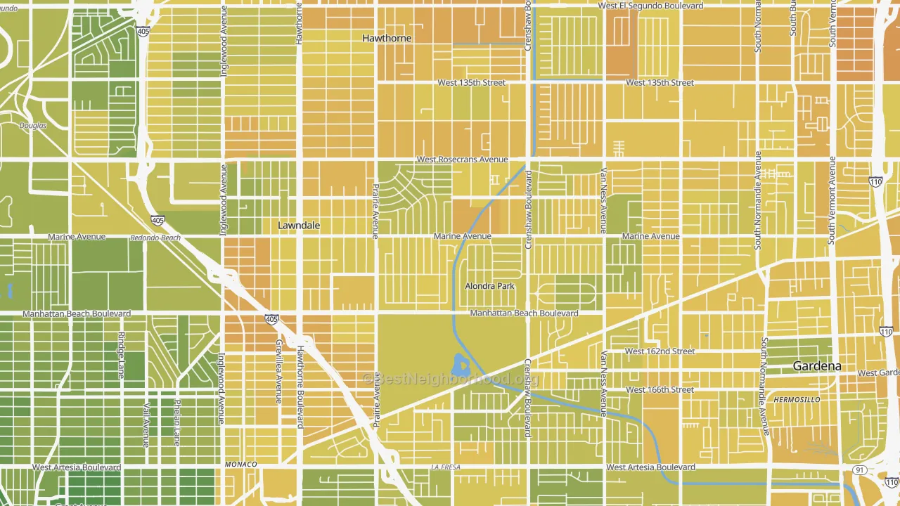 Map of the best neighborhoods in the Alondra Park, Lawndale area, with better matches in green and worse matches in red