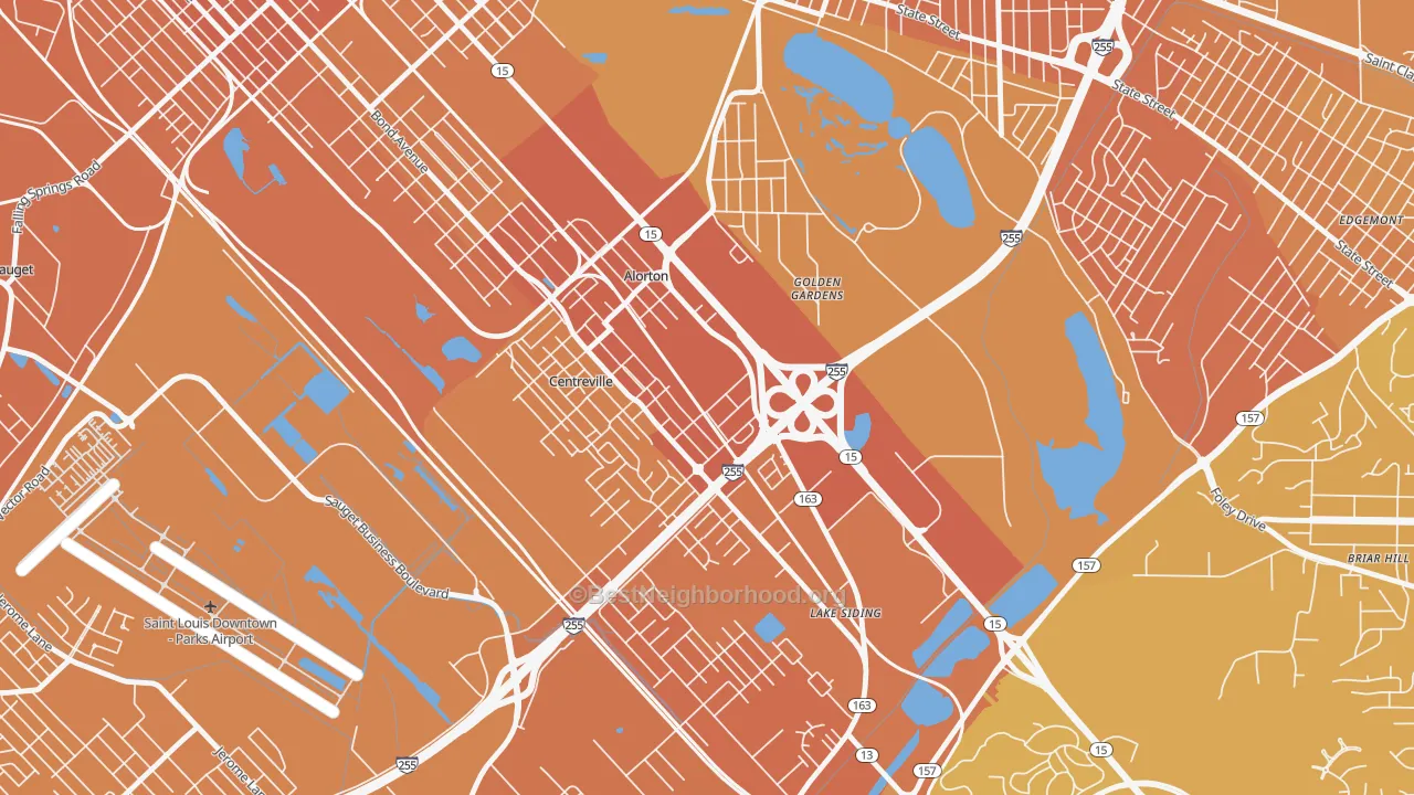 Map of the best neighborhoods in the Alorton area, with better matches in green and worse matches in red