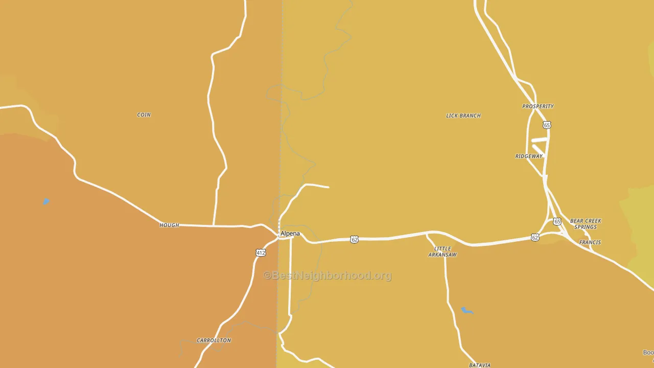 Map of the best neighborhoods in the Alpena area, with better matches in green and worse matches in red
