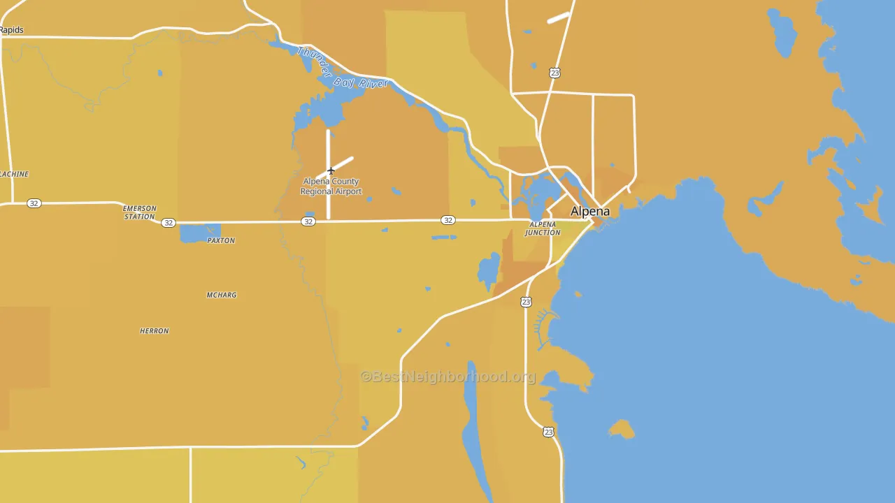 Map of the best neighborhoods in the Alpena County area, with better matches in green and worse matches in red