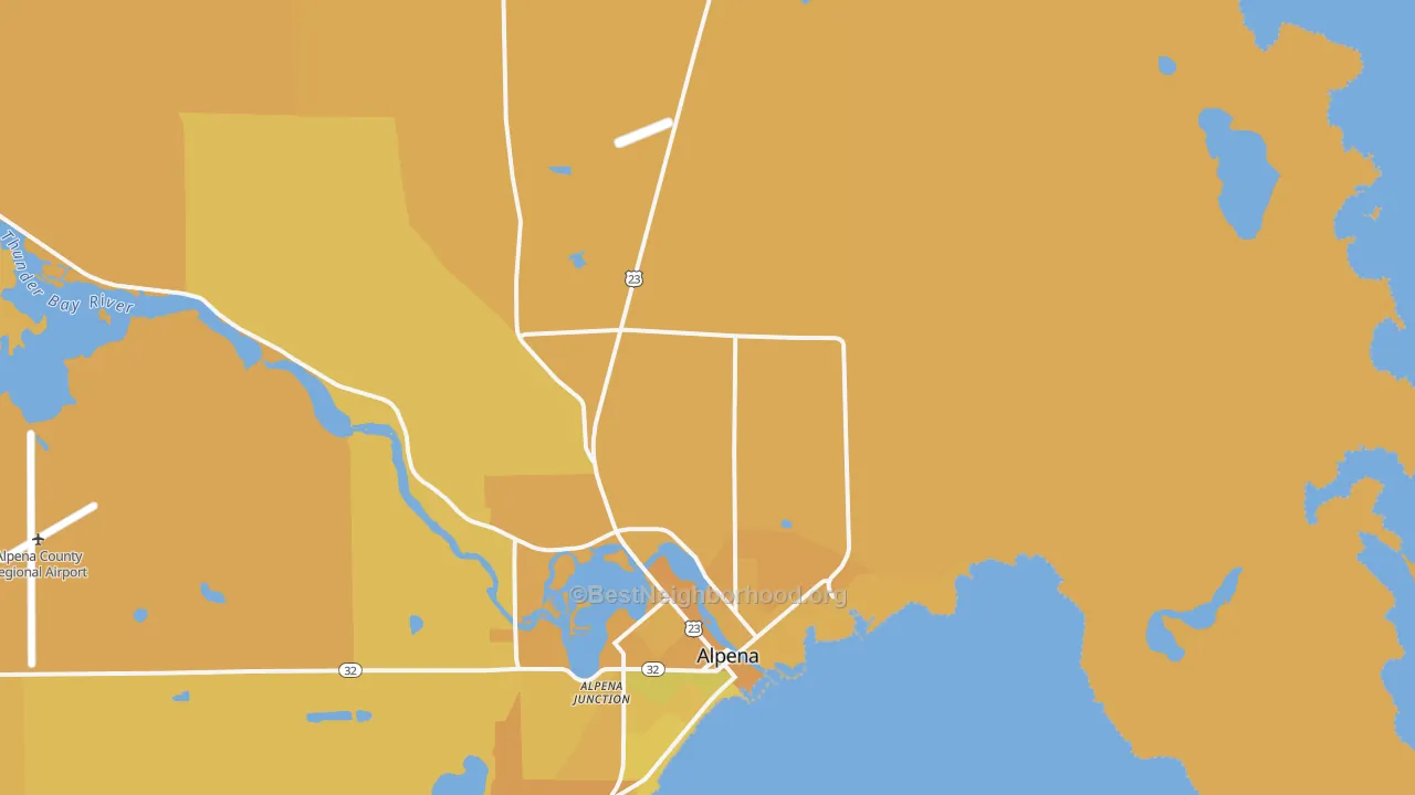 Map of the best neighborhoods in the Alpena Junction area, with better matches in green and worse matches in red
