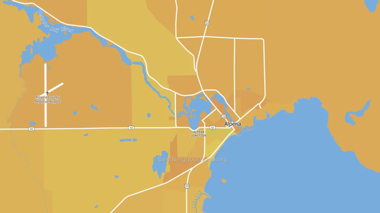 Map of the best neighborhoods in the Alpena area, with better matches in green and worse matches in red