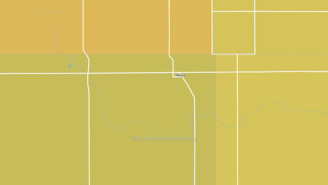 Map of the best neighborhoods in the Alpena area, with better matches in green and worse matches in red