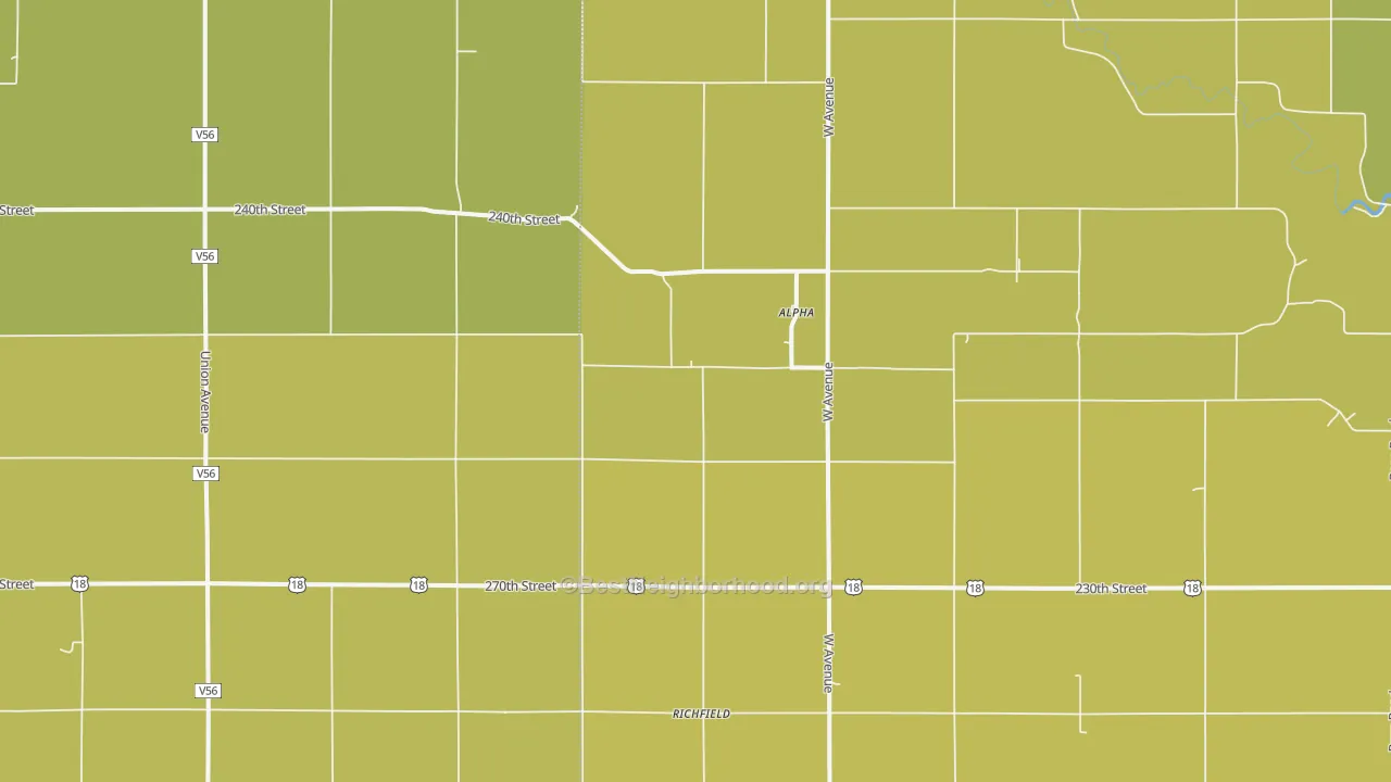 Map of the best neighborhoods in the Alpha area, with better matches in green and worse matches in red