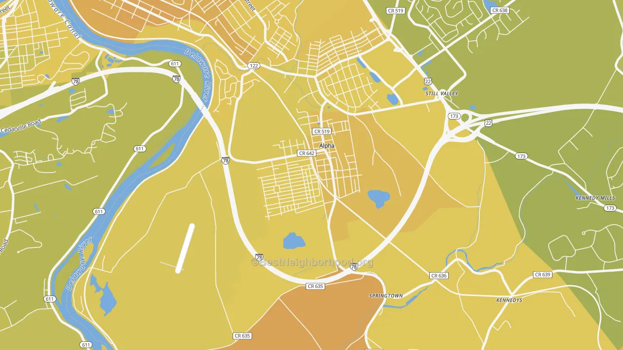 Map of the best neighborhoods in the Alpha area, with better matches in green and worse matches in red