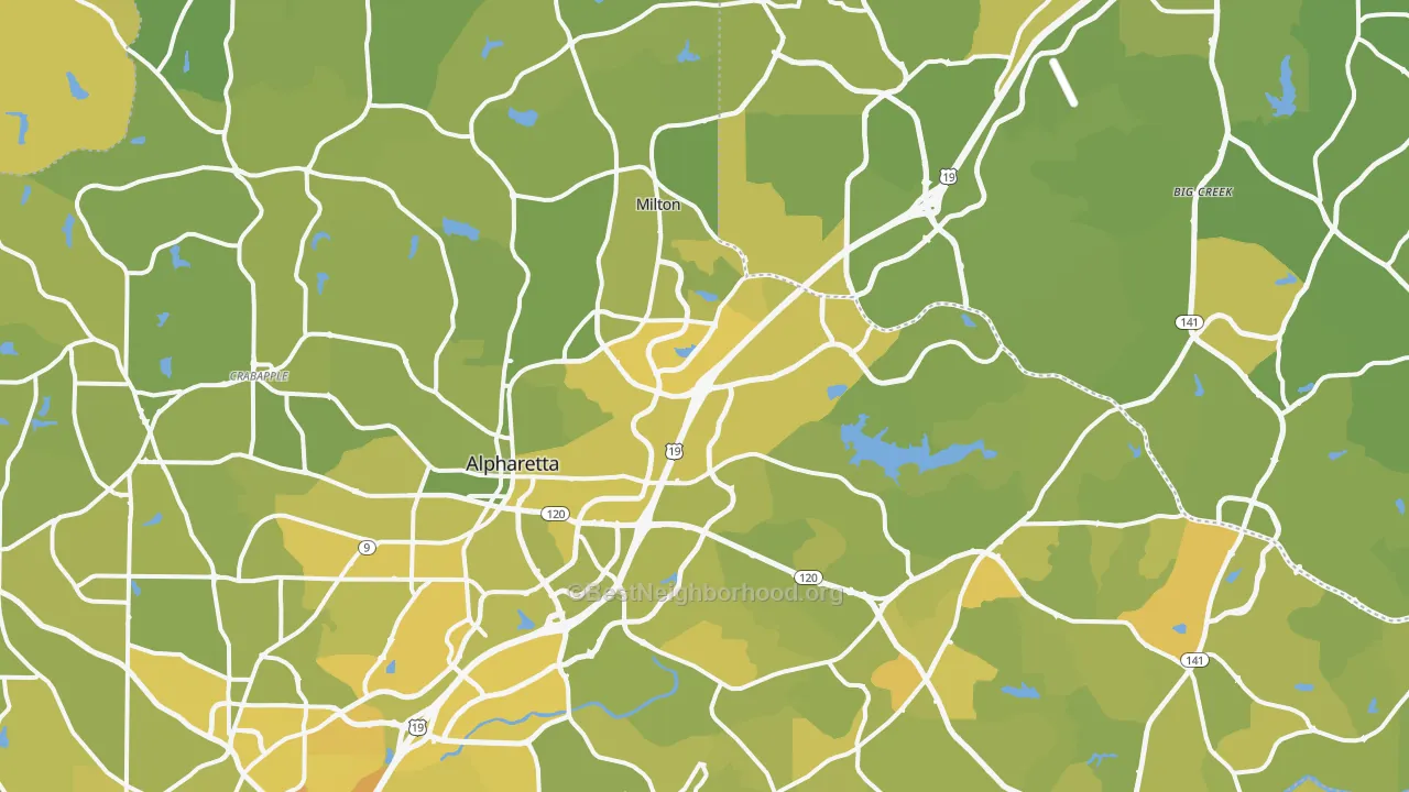 Map of the best neighborhoods in the Alpharetta area, with better matches in green and worse matches in red