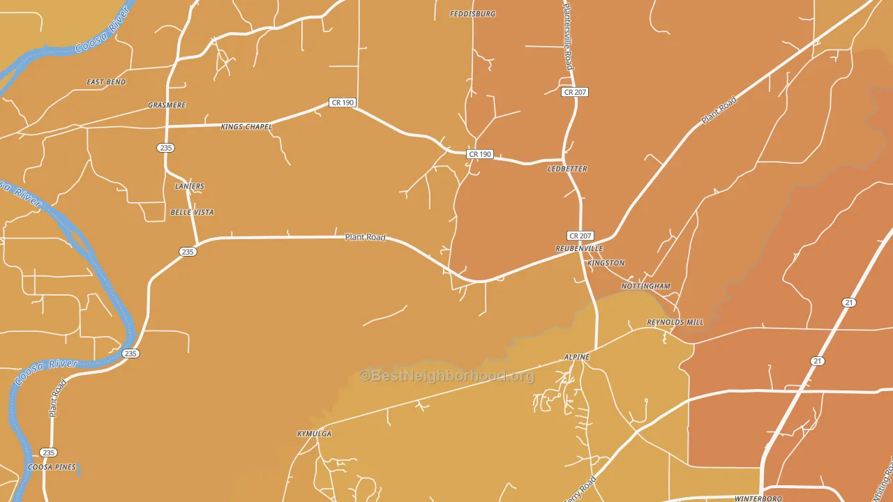 Map of the best neighborhoods in the Alpine area, with better matches in green and worse matches in red