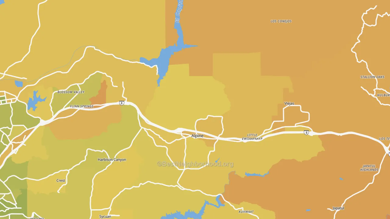Map of the best neighborhoods in the Alpine area, with better matches in green and worse matches in red