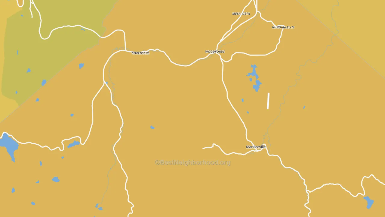 Map of the best neighborhoods in the Alpine County area, with better matches in green and worse matches in red