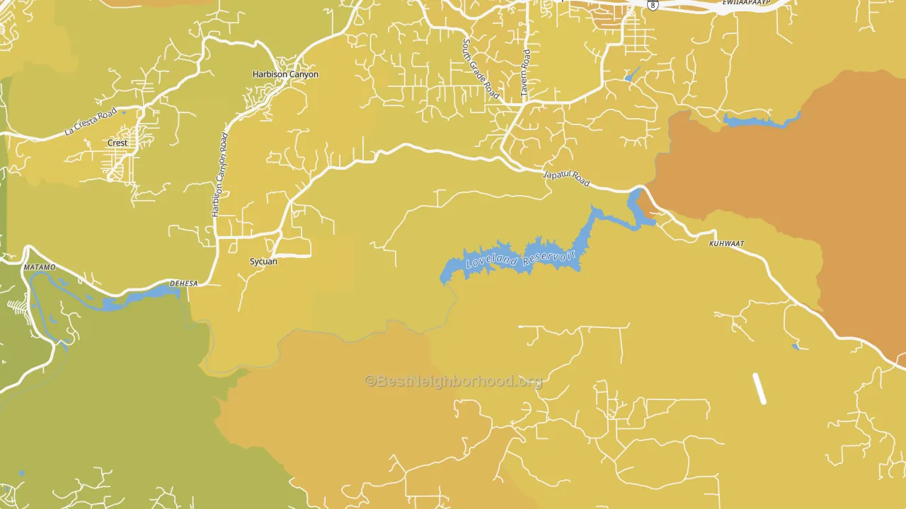 Map of the best neighborhoods in the Alpine Heights area, with better matches in green and worse matches in red