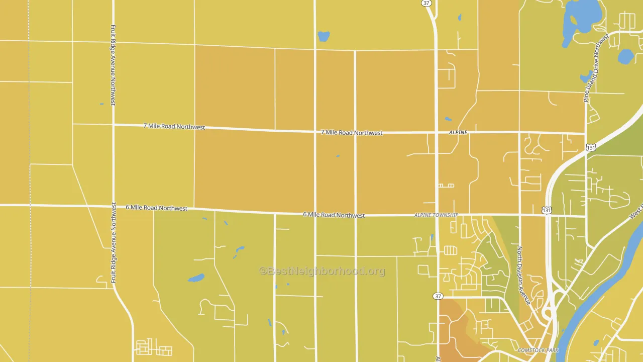 Map of the best neighborhoods in the Alpine area, with better matches in green and worse matches in red