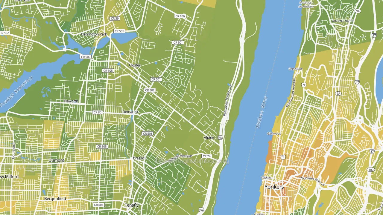Map of the best neighborhoods in the Alpine area, with better matches in green and worse matches in red