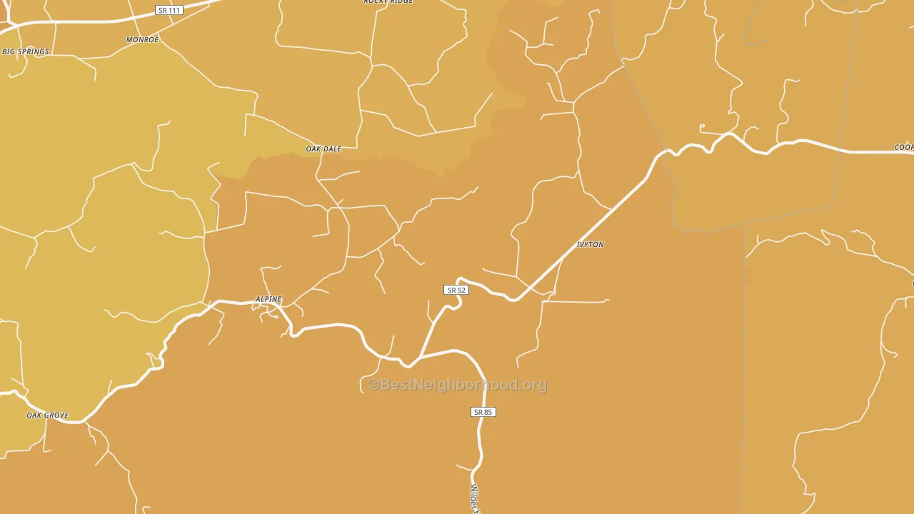 Map of the best neighborhoods in the Alpine area, with better matches in green and worse matches in red