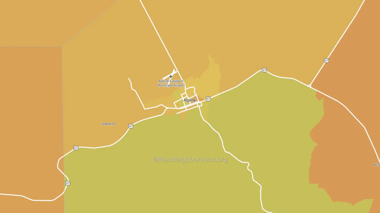Map of the best neighborhoods in the Alpine area, with better matches in green and worse matches in red