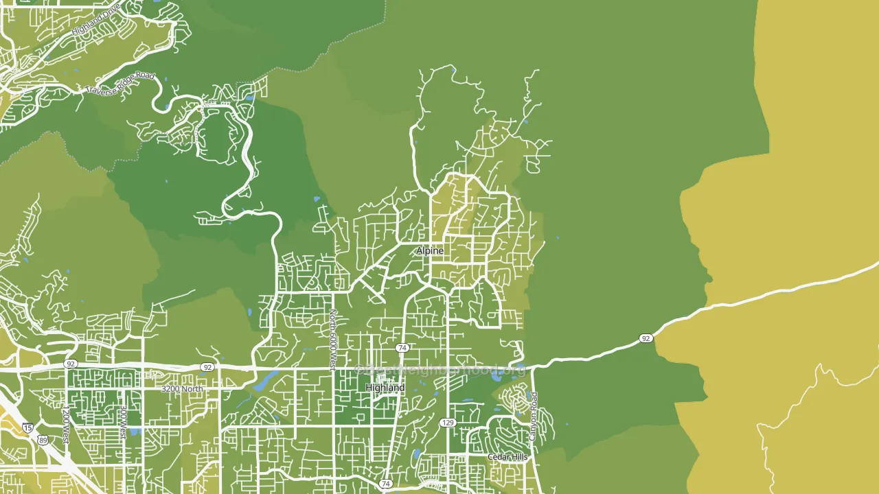 Map of the best neighborhoods in the Alpine area, with better matches in green and worse matches in red