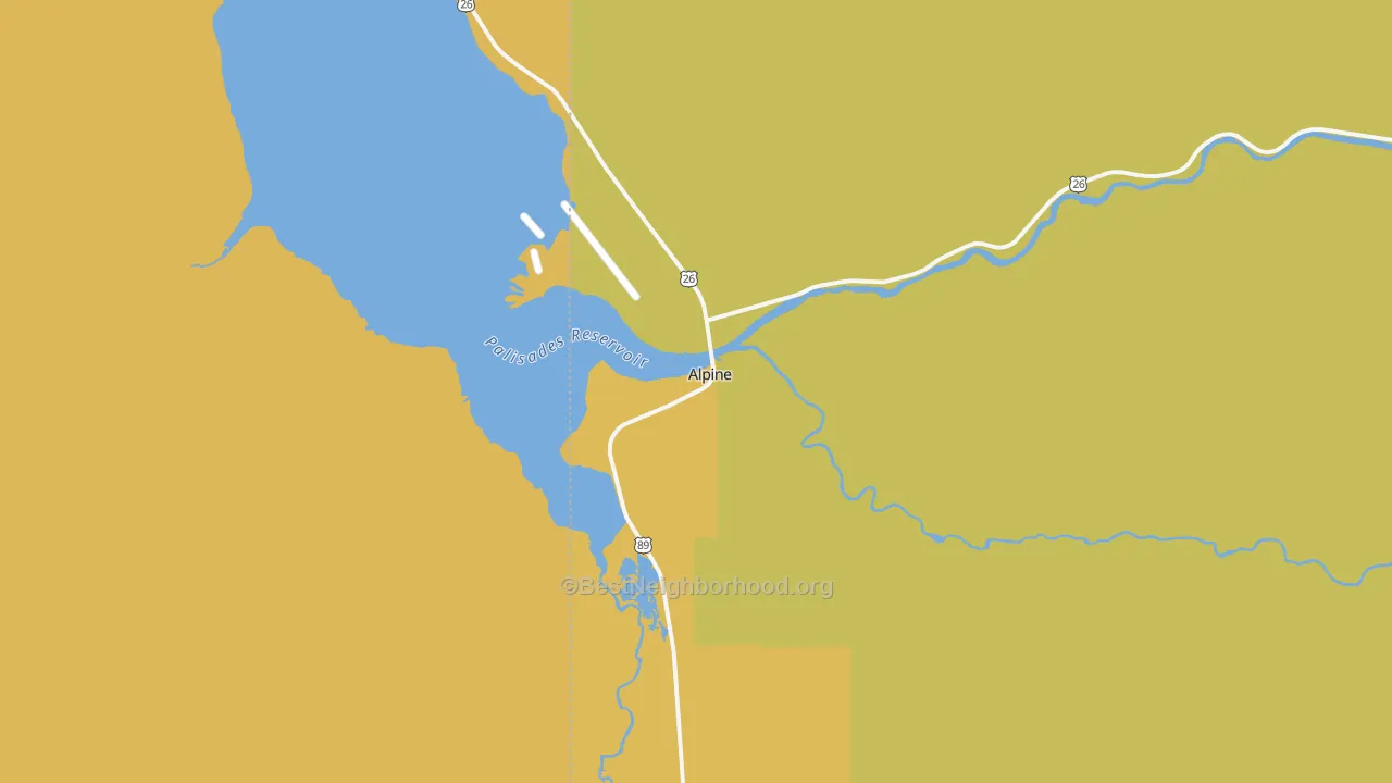 Map of the best neighborhoods in the Alpine area, with better matches in green and worse matches in red