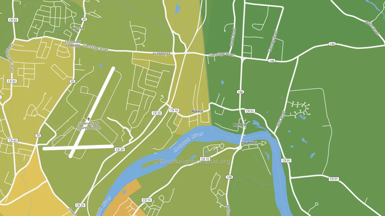 Map of the best neighborhoods in the Alplaus area, with better matches in green and worse matches in red