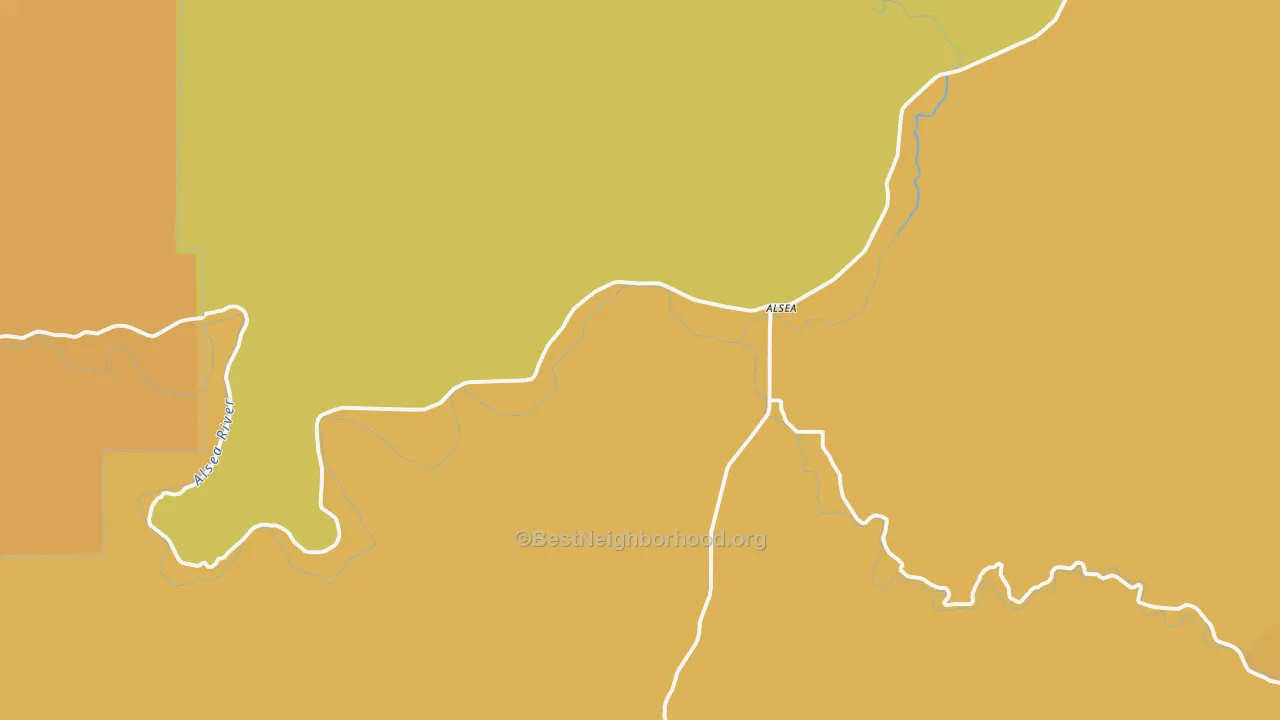 Map of the best neighborhoods in the Alsea area, with better matches in green and worse matches in red