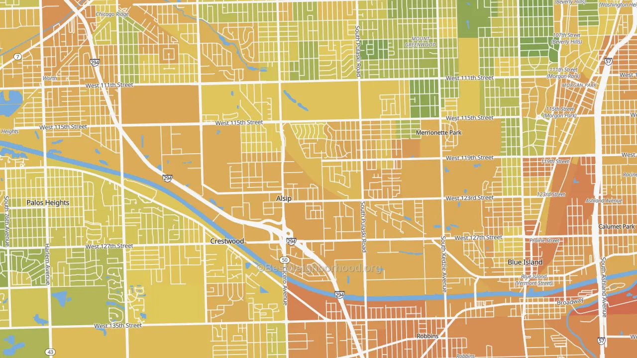 Map of the best neighborhoods in the Alsip area, with better matches in green and worse matches in red