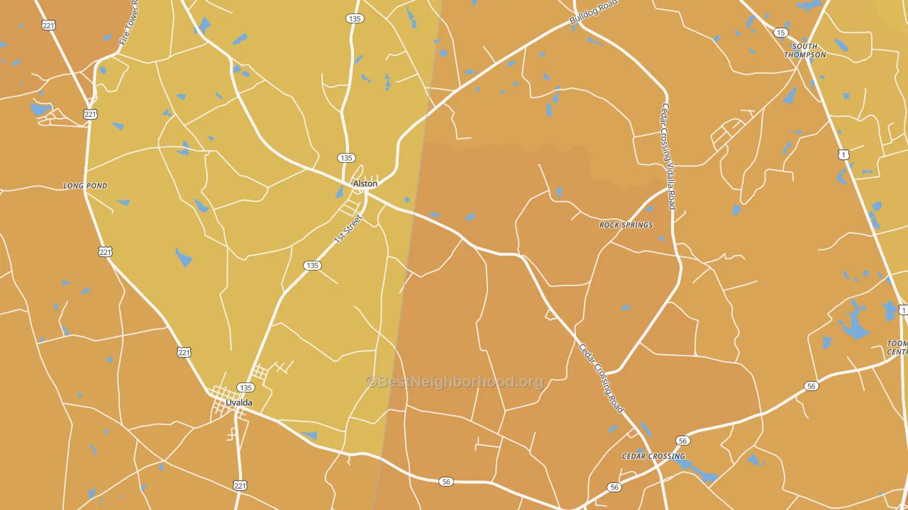 Map of the best neighborhoods in the Alston area, with better matches in green and worse matches in red