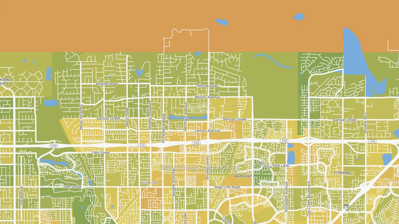 Map of the best neighborhoods in the Alta Loma area, with better matches in green and worse matches in red