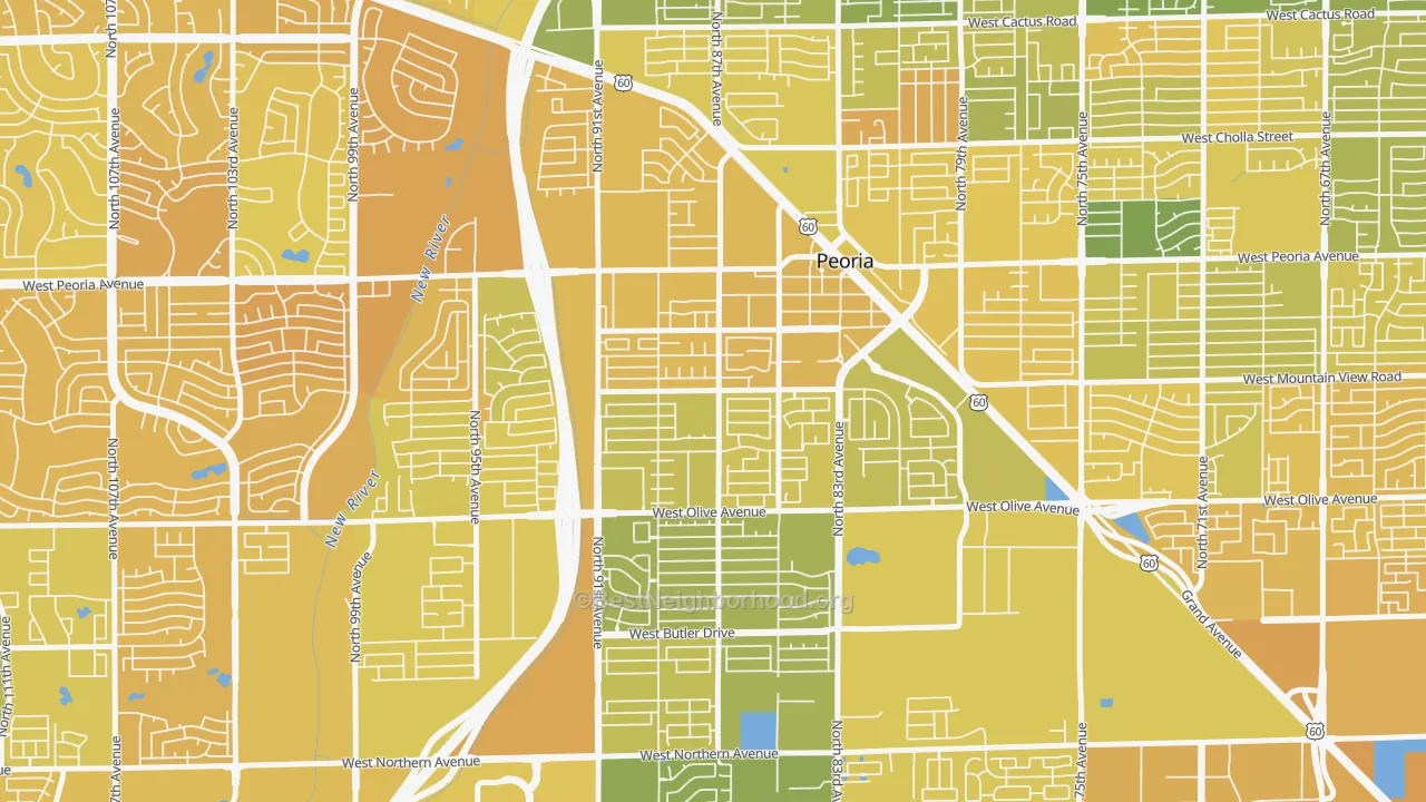 Map of the best neighborhoods in the Alta Loma, Peoria area, with better matches in green and worse matches in red