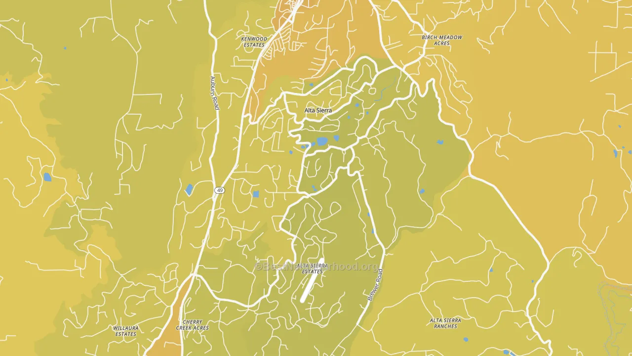 Map of the best neighborhoods in the Alta Sierra area, with better matches in green and worse matches in red
