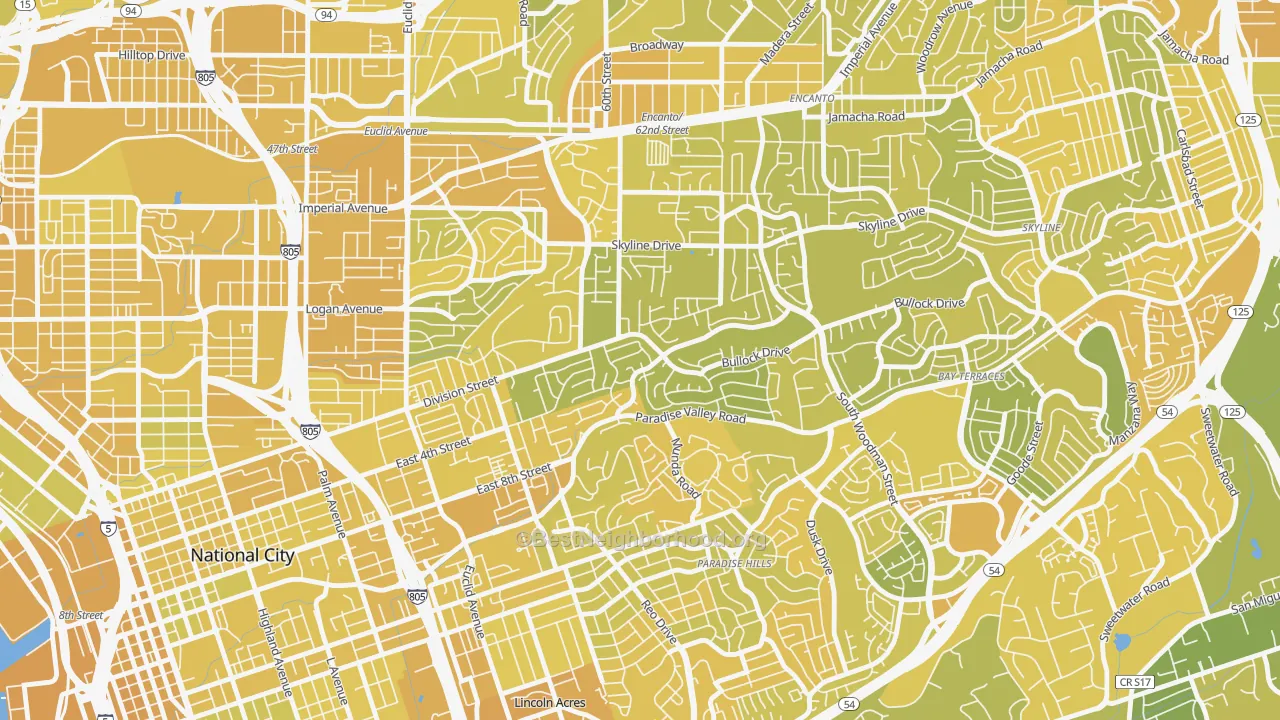 Map of the best neighborhoods in the Alta Vista, San Diego area, with better matches in green and worse matches in red
