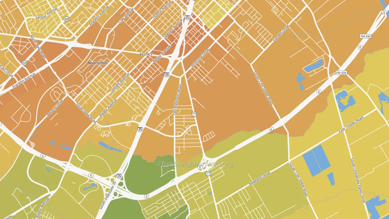 Map of the best neighborhoods in the Alta Vista-Waco, Waco area, with better matches in green and worse matches in red