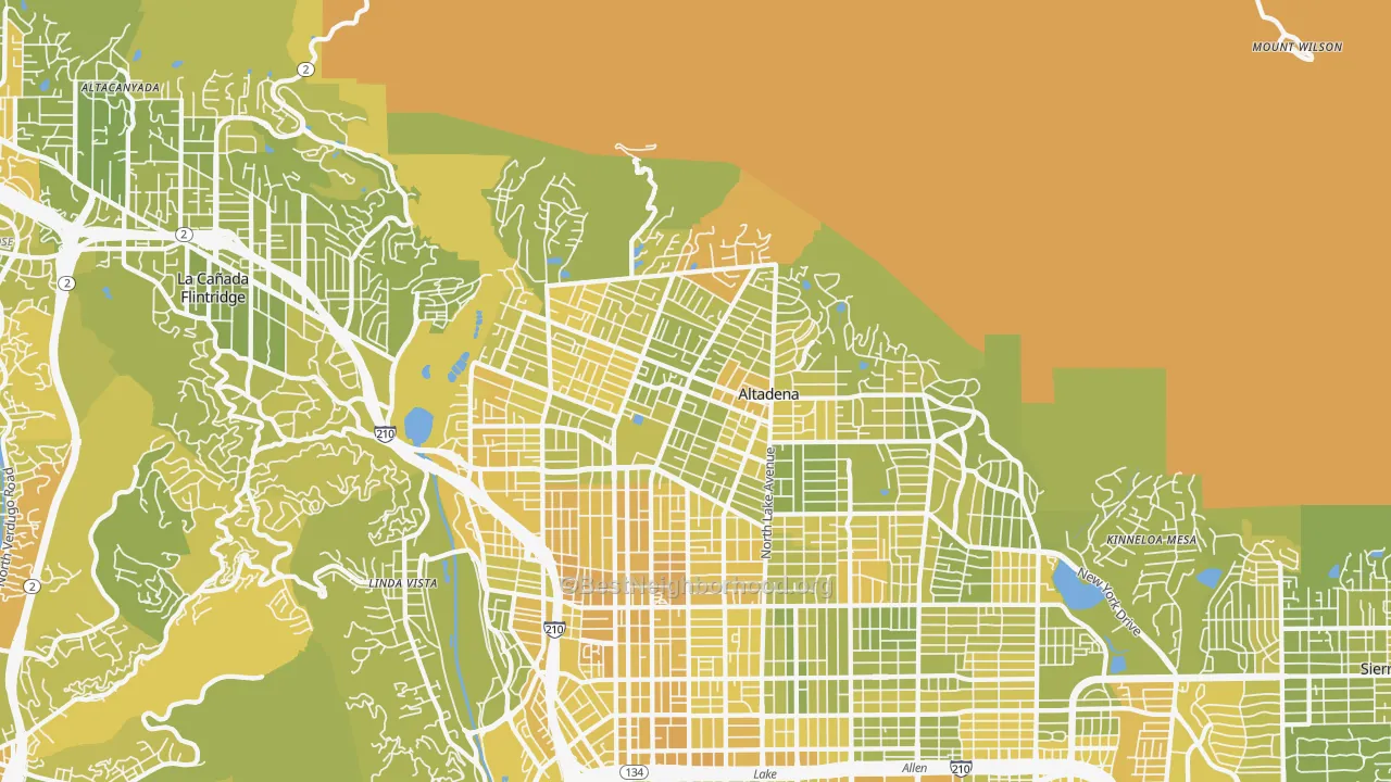 Map of the best neighborhoods in the Altadena area, with better matches in green and worse matches in red