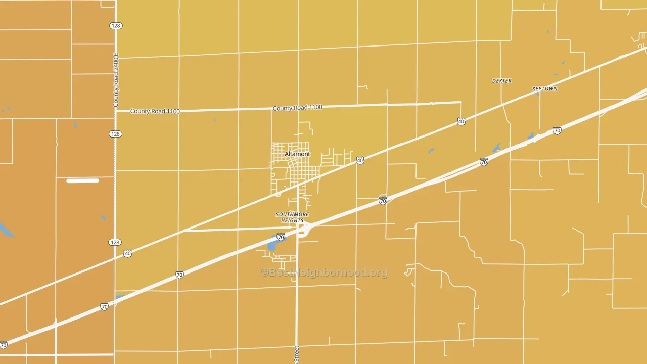Map of the best neighborhoods in the Altamont area, with better matches in green and worse matches in red