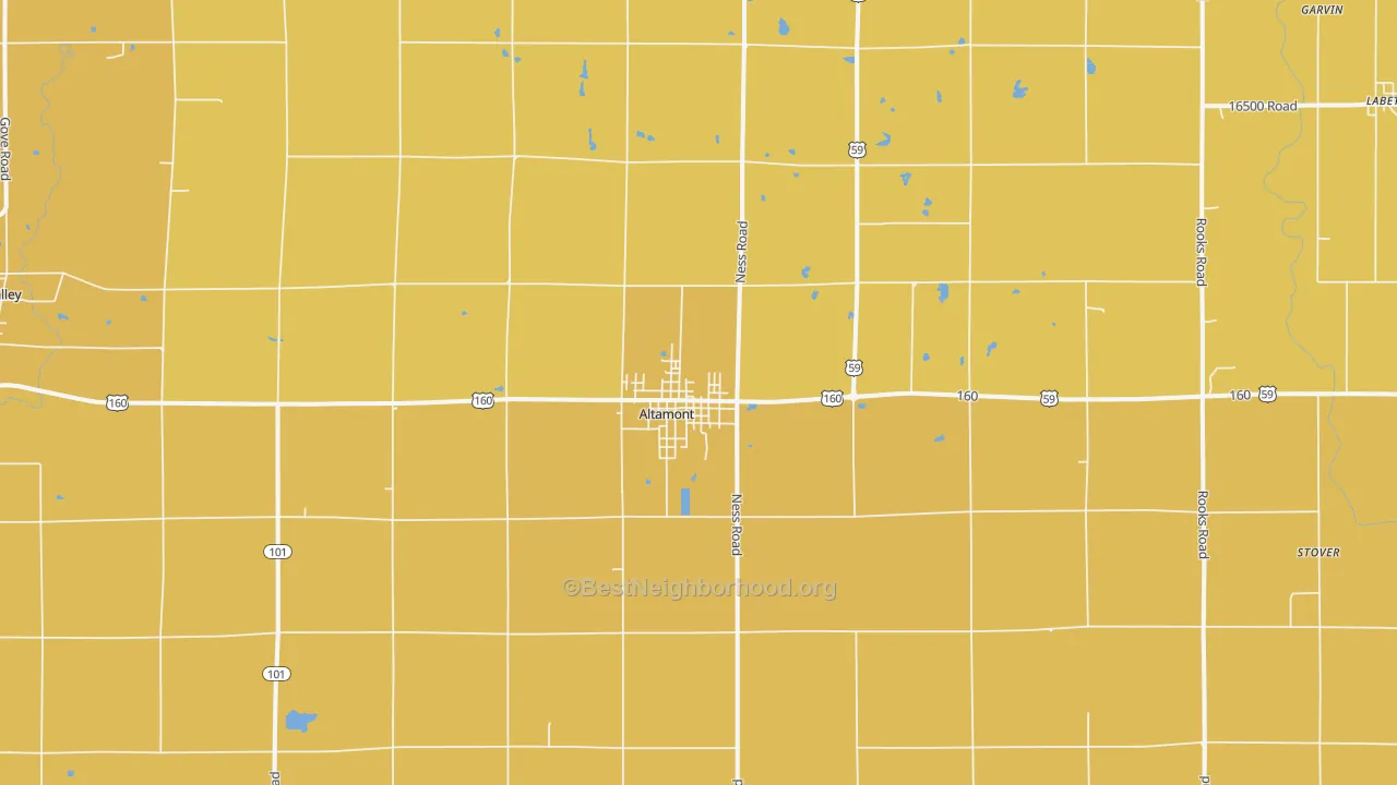 Map of the best neighborhoods in the Altamont area, with better matches in green and worse matches in red
