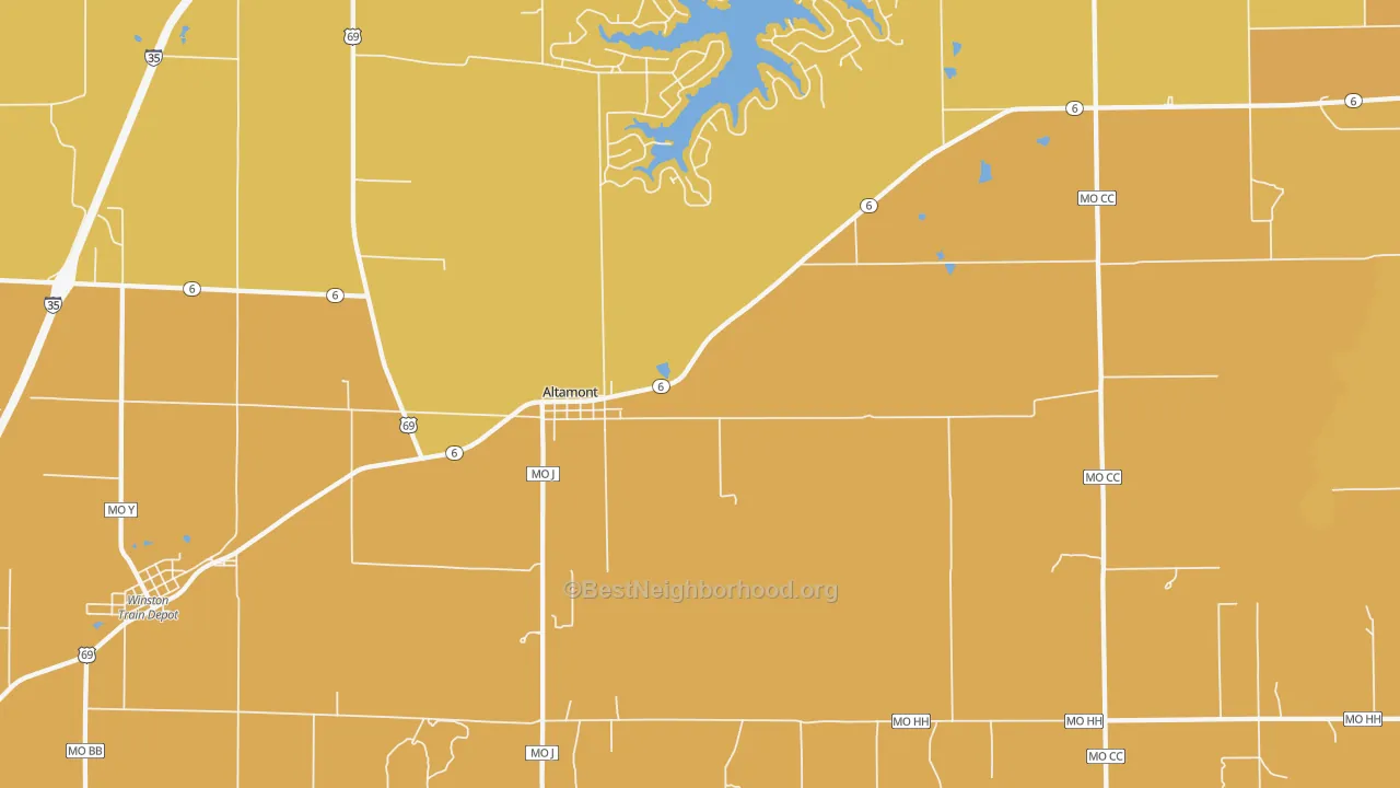 Map of the best neighborhoods in the Altamont area, with better matches in green and worse matches in red