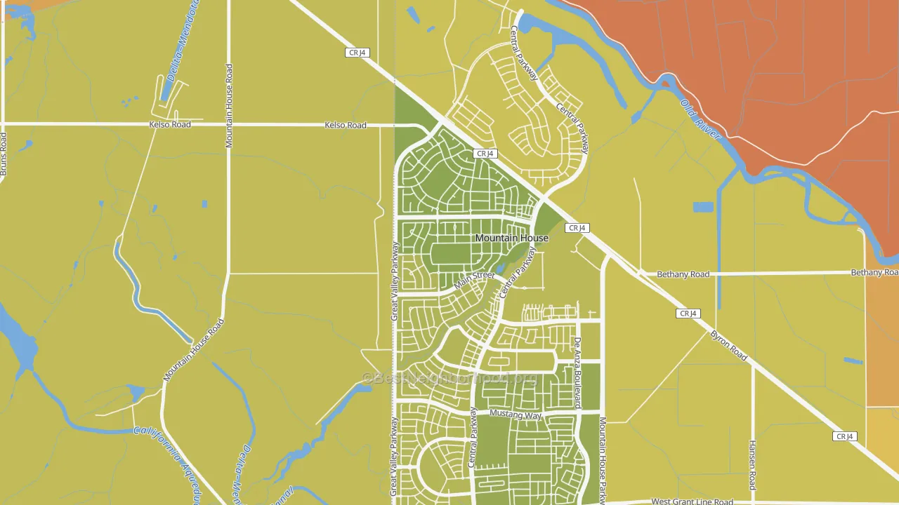 Map of the best neighborhoods in the Altamont, Mountain House area, with better matches in green and worse matches in red